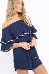 Navy Bardot Frill Drawstring Tie Playsuit - Micah-Playsuits