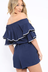 Navy Bardot Frill Drawstring Tie Playsuit - Micah-Playsuits