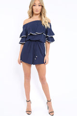 Navy Bardot Frill Drawstring Tie Playsuit - Micah-Playsuits