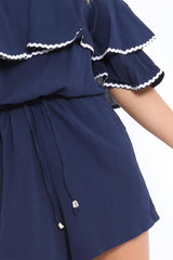 Navy Bardot Frill Drawstring Tie Playsuit - Micah-Playsuits