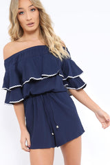 Navy Bardot Frill Drawstring Tie Playsuit - Micah-Playsuits