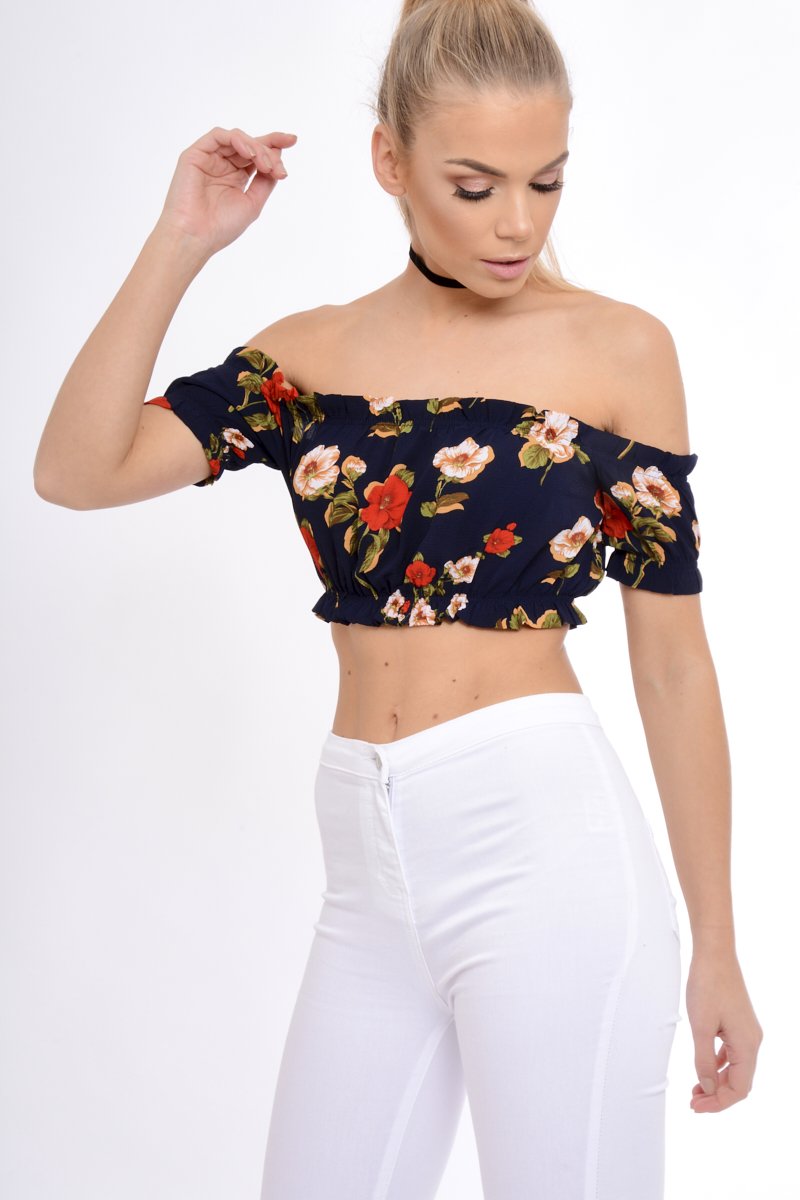 Navy Bardot Gypsy Crop Top - Valentina-Crop Tops