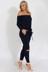 Navy Bardot Ripped Knee Jumpsuit - Betty-Jumpsuits