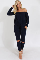 Navy Bardot Ripped Knee Jumpsuit - Betty-Jumpsuits