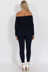 Navy Bardot Ripped Knee Jumpsuit - Betty-Jumpsuits
