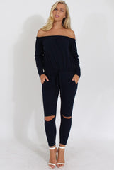 Navy Bardot Ripped Knee Jumpsuit - Betty-Jumpsuits