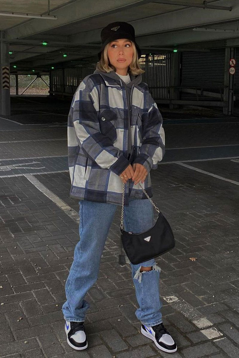 Navy Blue Check Pocket Front Shacket - Misa-Shacket