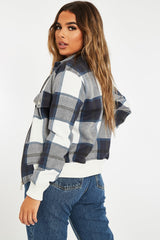 Navy Blue Check Zip Front Bomber Jacket - Luna-Jackets