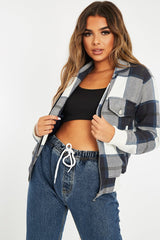 Navy Blue Check Zip Front Bomber Jacket - Luna-Jackets