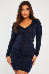 Navy Blue Ruched Detail Slinky Mini Dress - Demmi-Dresses