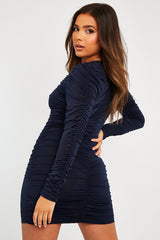 Navy Blue Ruched Detail Slinky Mini Dress - Demmi-Dresses