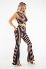 Navy Camel Stripe Rib Crop Top Trousers Co-Ord - Elmira-Co-ords