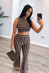 Navy Camel Stripe Rib Crop Top Trousers Co-Ord - Elmira-Co-ords