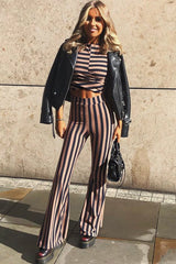 Navy Camel Stripe Rib Crop Top Trousers Co-Ord - Elmira-Co-ords