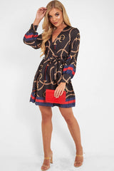 Navy Chain Print Satin Plunge Shirt Dress - Cristen-Dresses