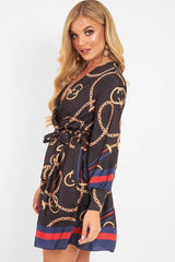 Navy Chain Print Satin Plunge Shirt Dress - Cristen-Dresses