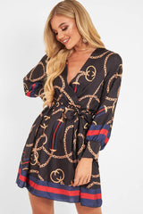 Navy Chain Print Satin Plunge Shirt Dress - Cristen-Dresses