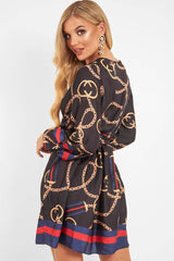Navy Chain Print Satin Plunge Shirt Dress - Cristen-Dresses