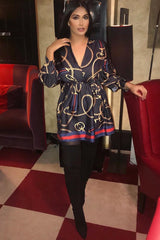 Navy Chain Print Satin Plunge Shirt Dress - Cristen-Dresses
