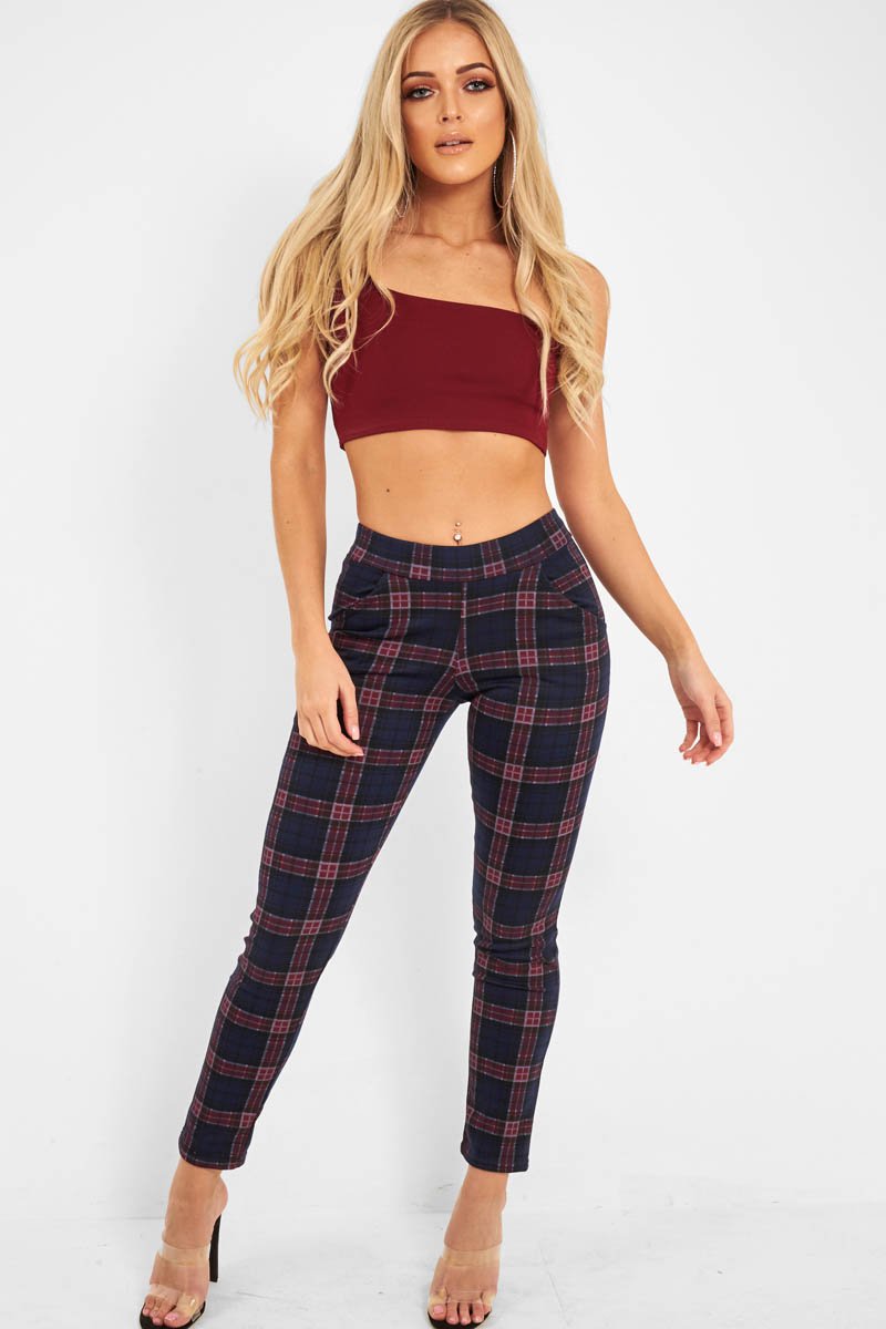 Navy Check High Waist Slim Fit Trousers - Sashya-Trousers