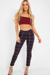 Navy Check High Waist Slim Fit Trousers - Sashya-Trousers