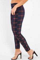 Navy Check High Waist Slim Fit Trousers - Sashya-Trousers