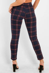 Navy Check High Waist Slim Fit Trousers - Sashya-Trousers