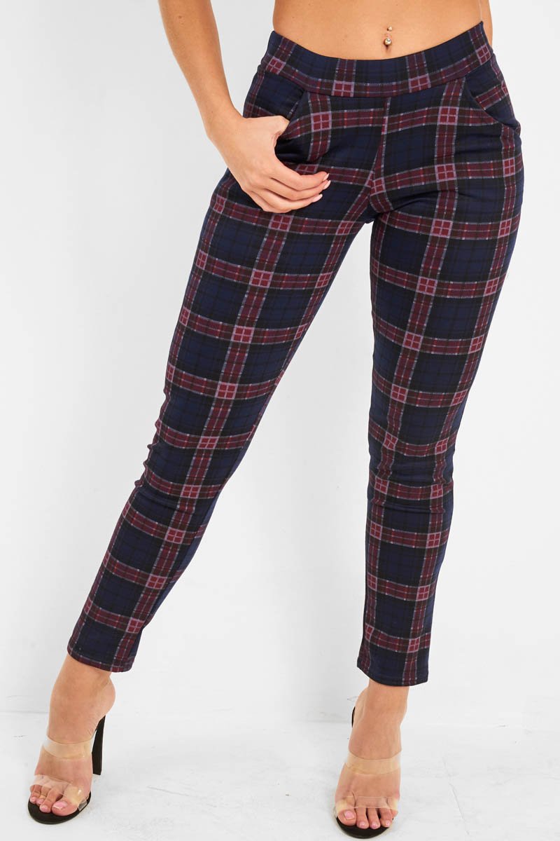 Navy Check High Waist Slim Fit Trousers - Sashya-Trousers