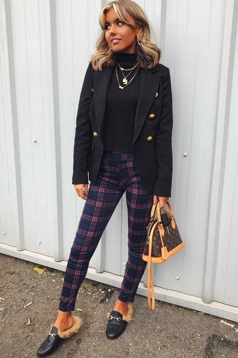 Navy Check High Waist Slim Fit Trousers - Sashya-Trousers