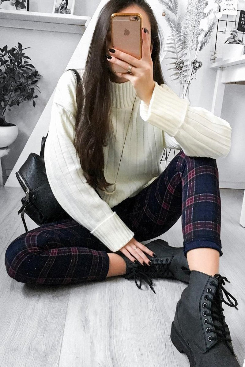 Navy Check High Waist Slim Fit Trousers - Sashya-Trousers