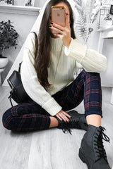 Navy Check High Waist Slim Fit Trousers - Sashya-Trousers