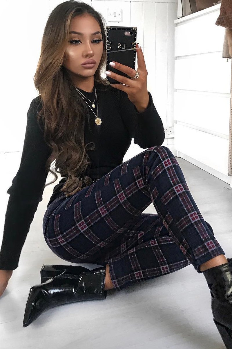 Navy Check High Waist Slim Fit Trousers - Sashya-Trousers