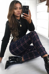 Navy Check High Waist Slim Fit Trousers - Sashya-Trousers