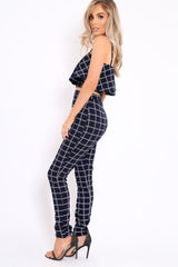 Navy Checked Crop Top and Trousers Co-ord Set - Linda-Co-ords