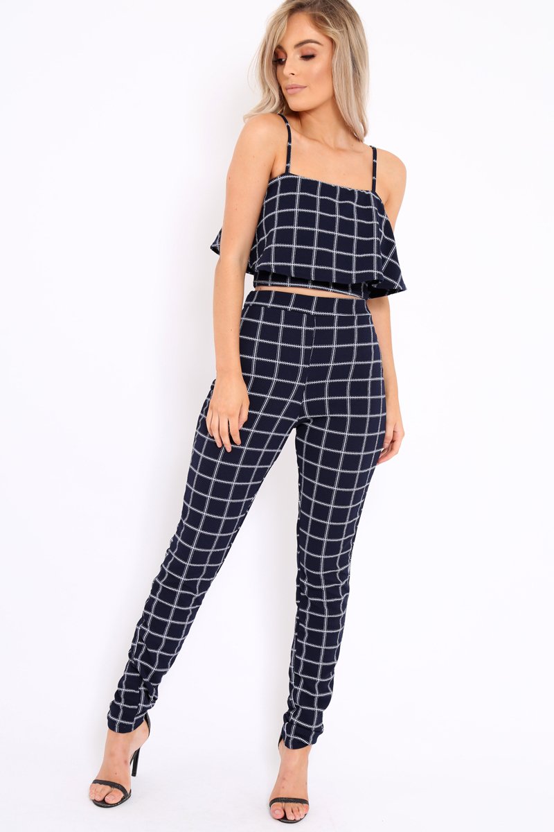 Navy Checked Crop Top and Trousers Co-ord Set - Linda-Co-ords