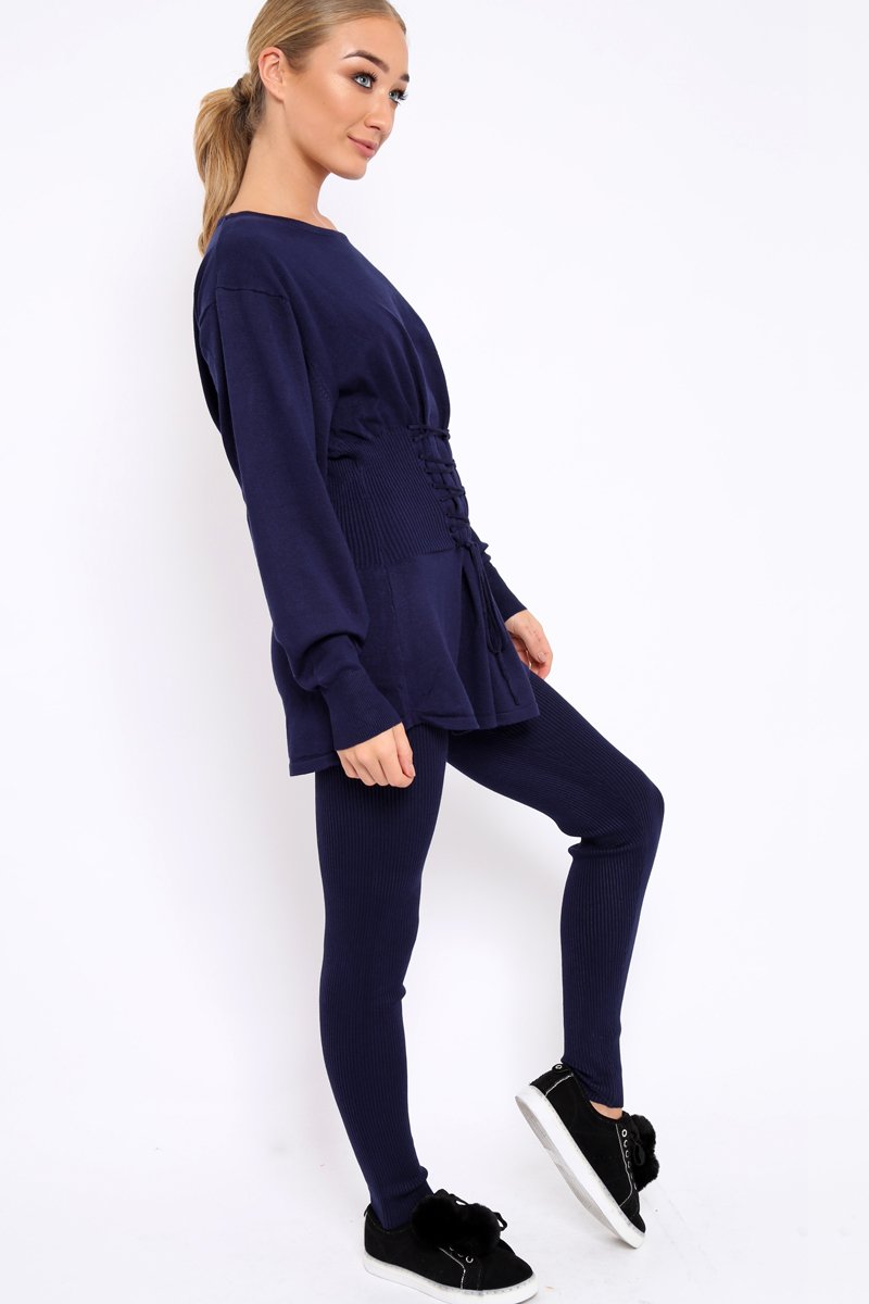 Navy Co-ord with Corset Waist Tie Detail - Laurel-Co-ords