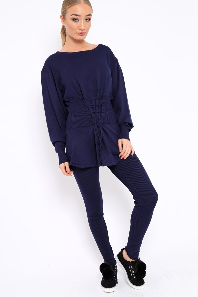 Navy Co-ord with Corset Waist Tie Detail - Laurel-Co-ords