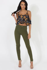 Navy Cold Shoulder Button Crop Top - Harlow-Tops