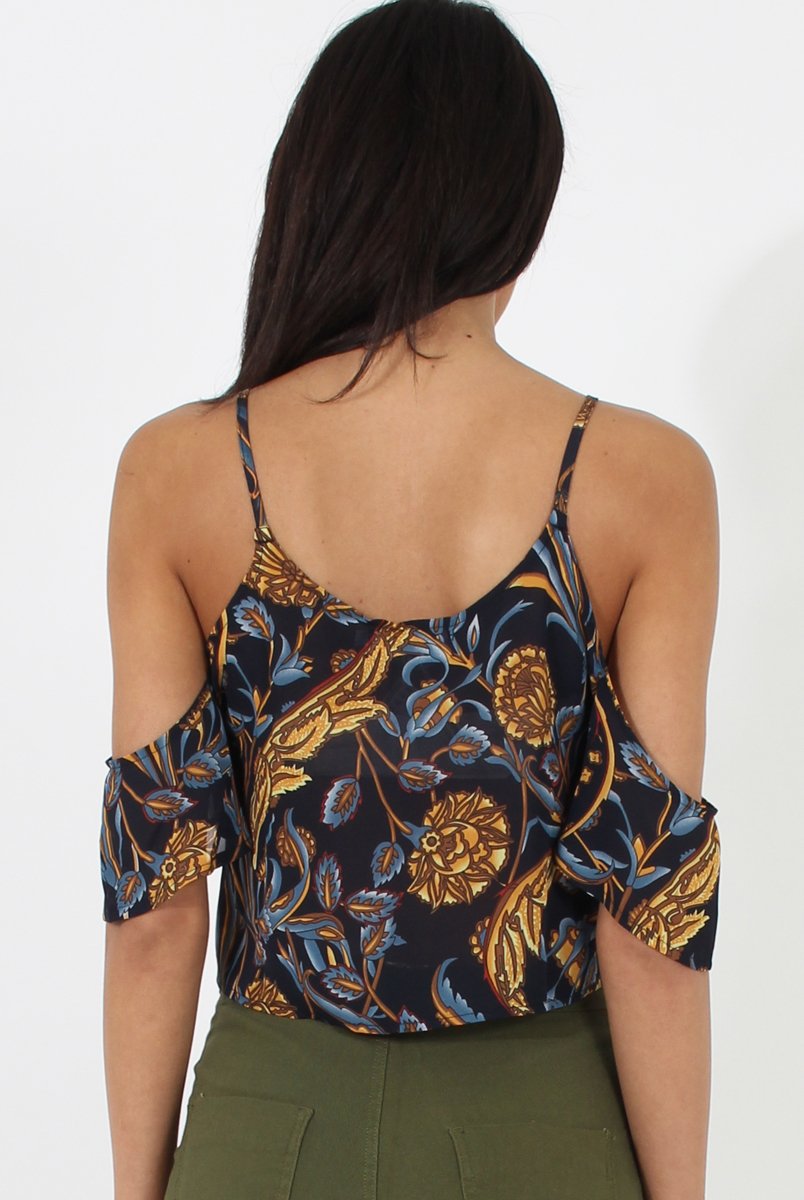 Navy Cold Shoulder Button Crop Top - Harlow-Tops