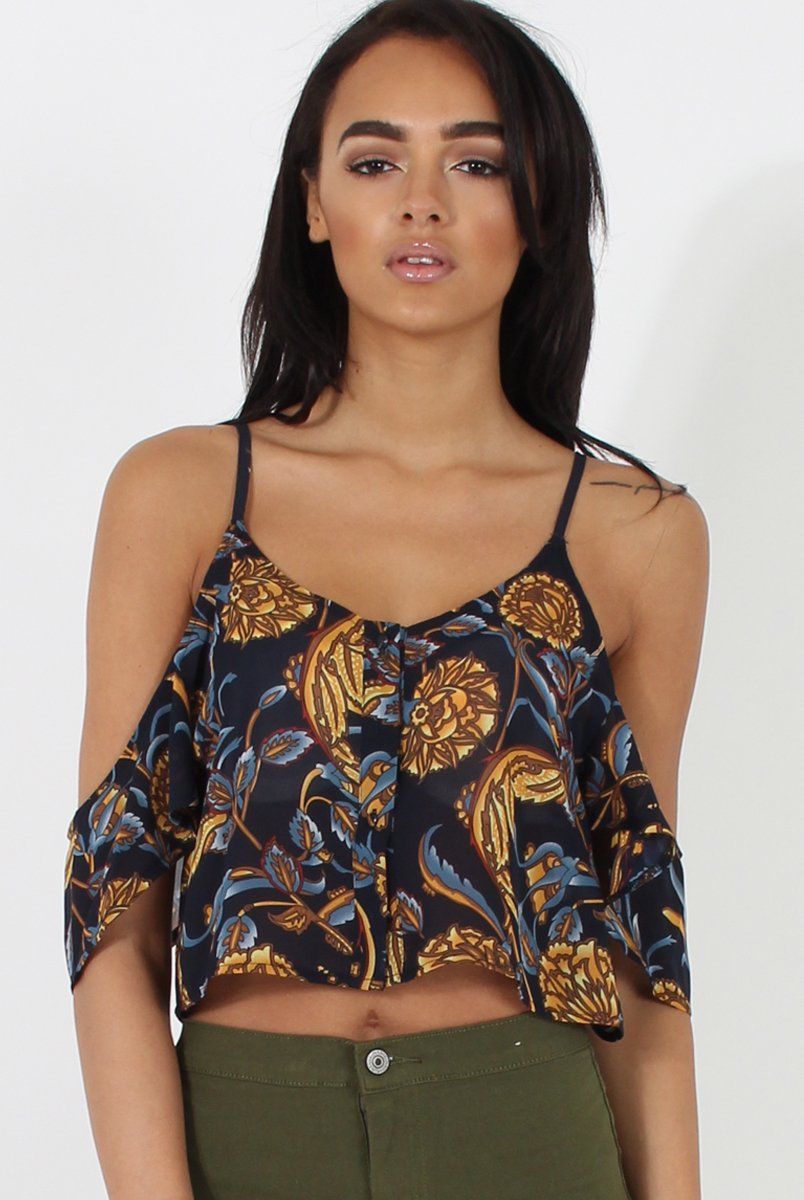 Navy Cold Shoulder Button Crop Top - Harlow-Tops