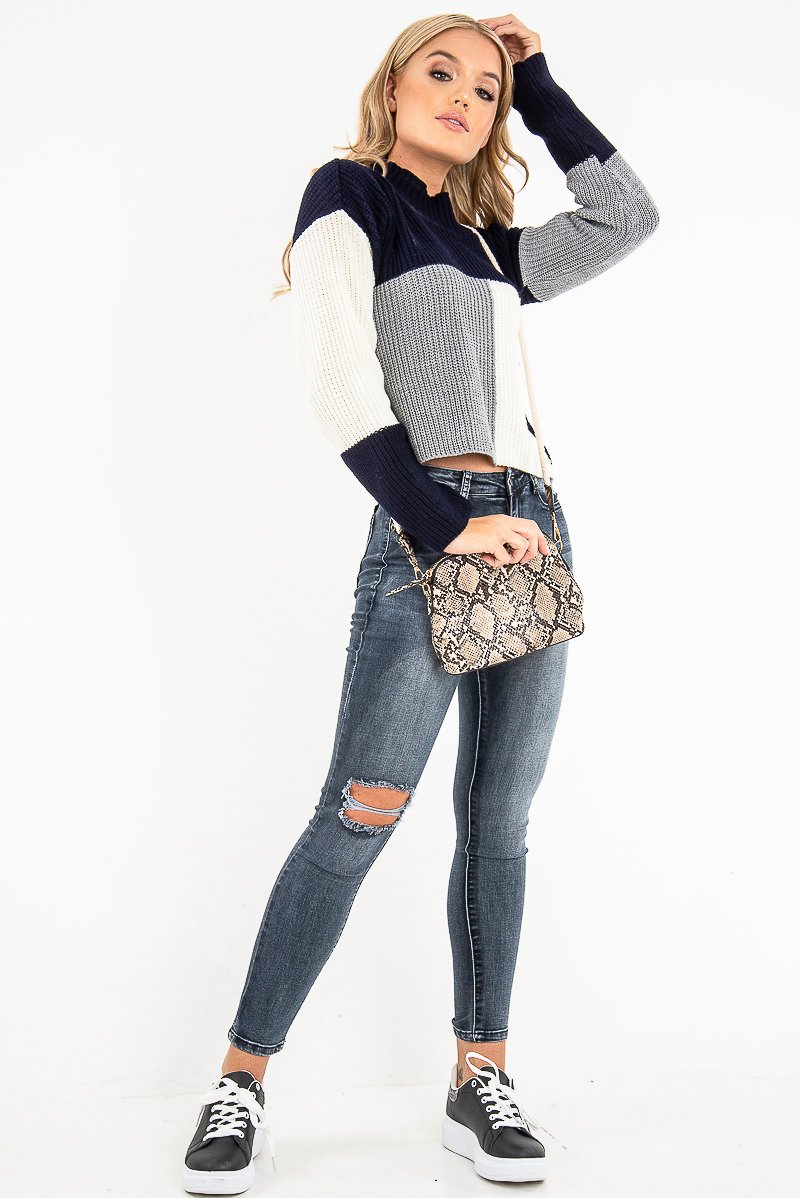 Navy Colour Block Chunky Knit Jumper - Maebel-Jumper