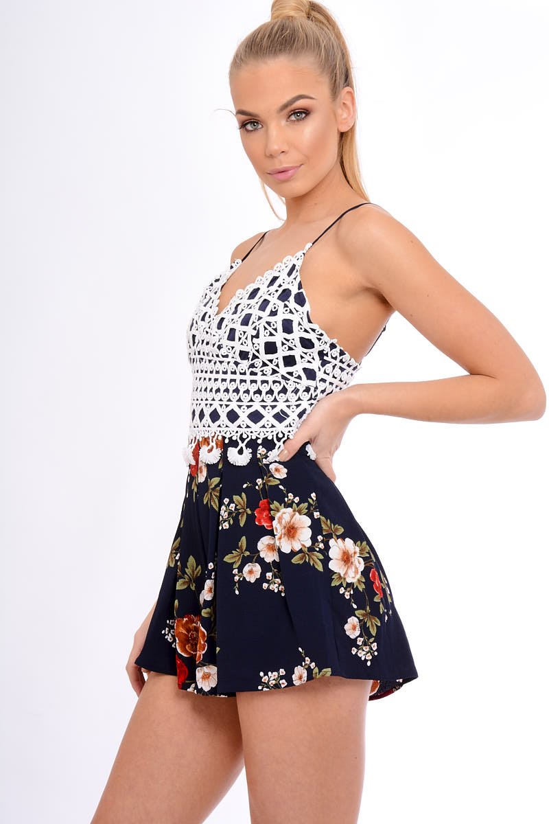 Navy Crochet Lace Floral Print Playsuit - Aerin-Playsuits