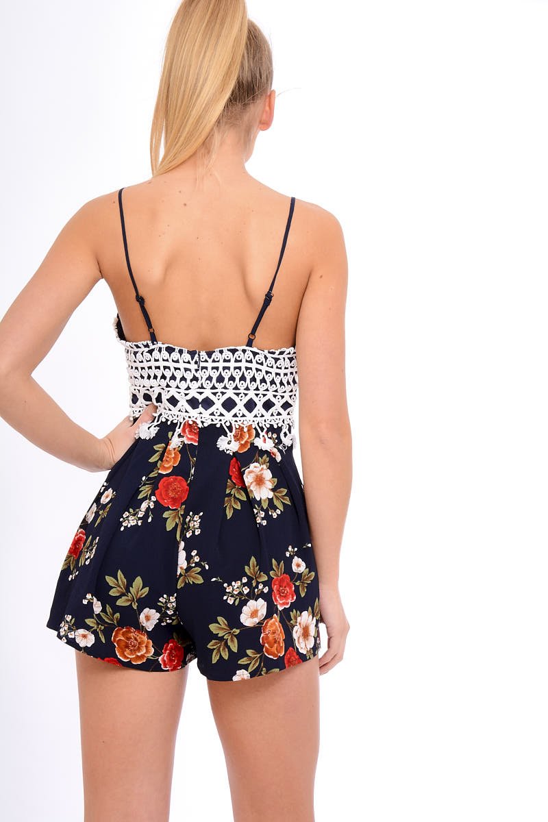 Navy Crochet Lace Floral Print Playsuit - Aerin-Playsuits