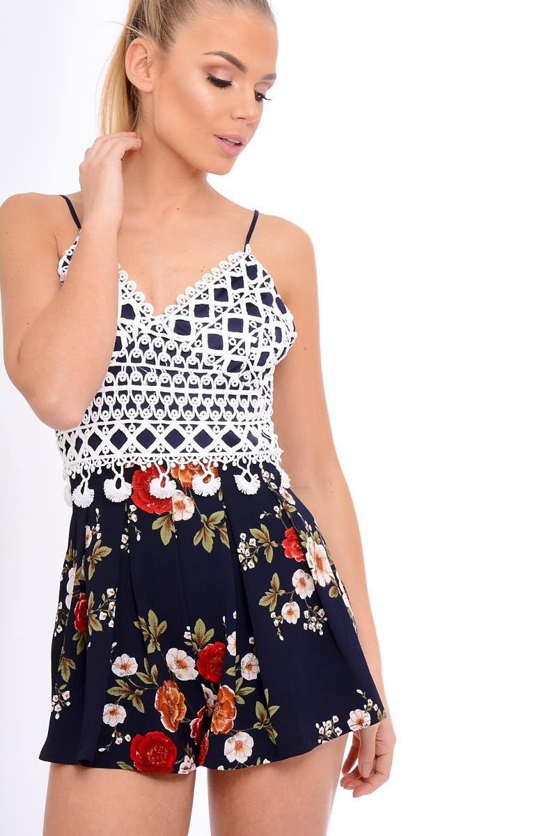 Navy Crochet Lace Floral Print Playsuit - Aerin-Playsuits