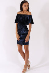 Navy Crushed Velvet Frill Dress - Esmy-Dresses