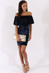 Navy Crushed Velvet Frill Dress - Esmy-Dresses