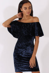Navy Crushed Velvet Frill Dress - Esmy-Dresses