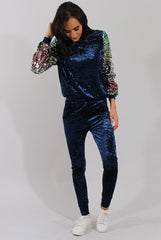 Navy Crushed Velvet Sequined Tracksuit - Rosita-Tracksuits
