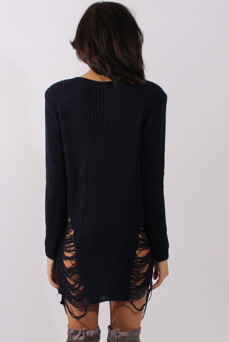 Navy Distressed Jumper Dress - Kim-Jumper