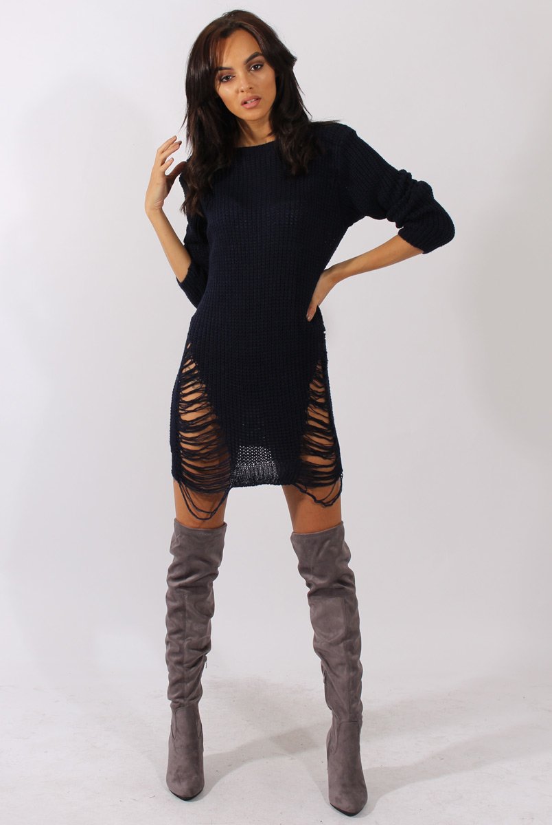 Navy Distressed Jumper Dress - Kim-Jumper